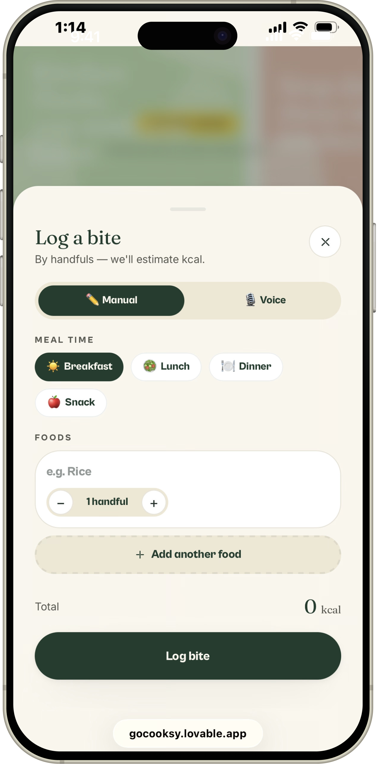 Logging a meal in Cooksy
